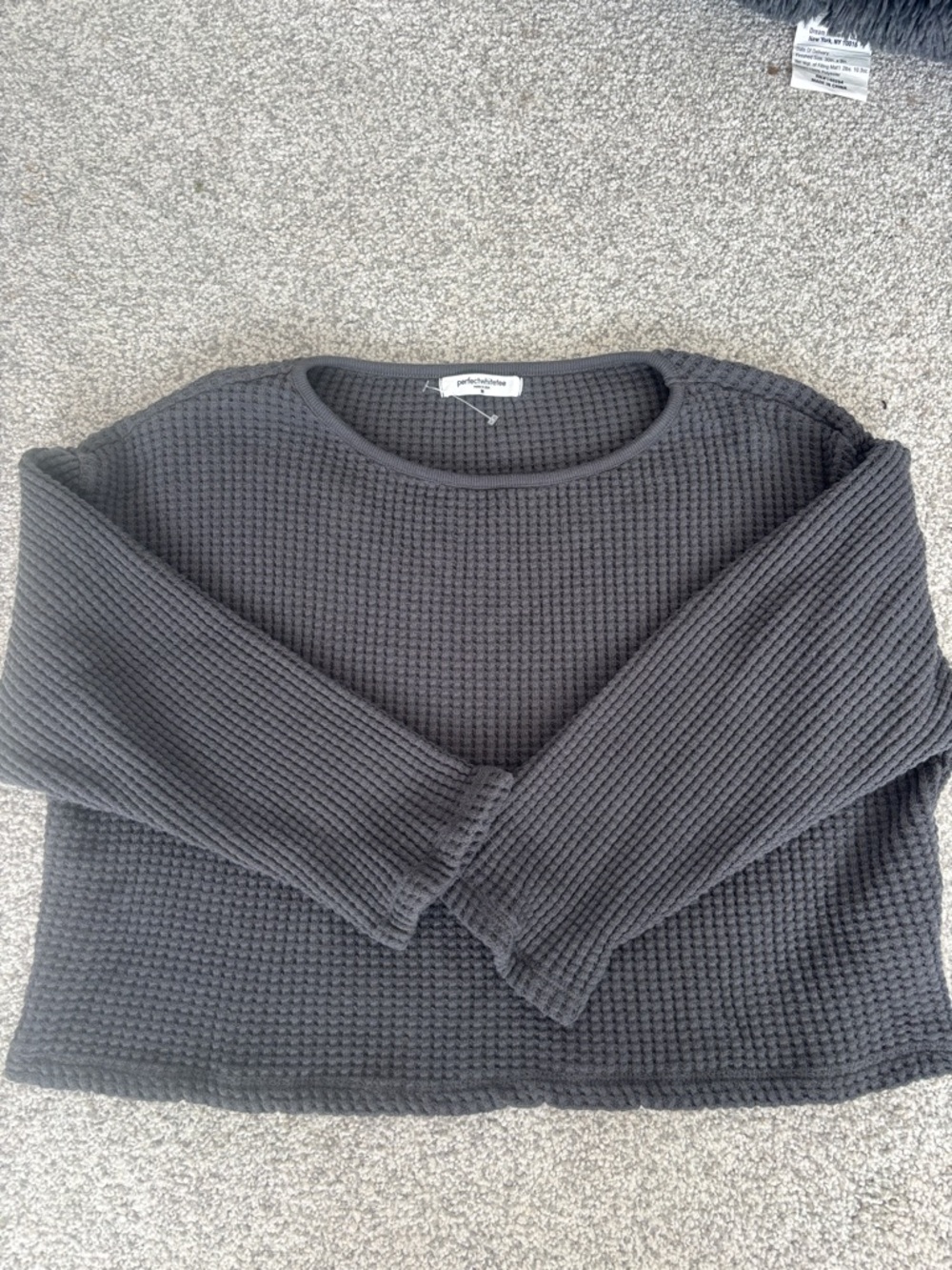 perfectwhitetee Charcoal Waffle Knit Long Sleeve Top